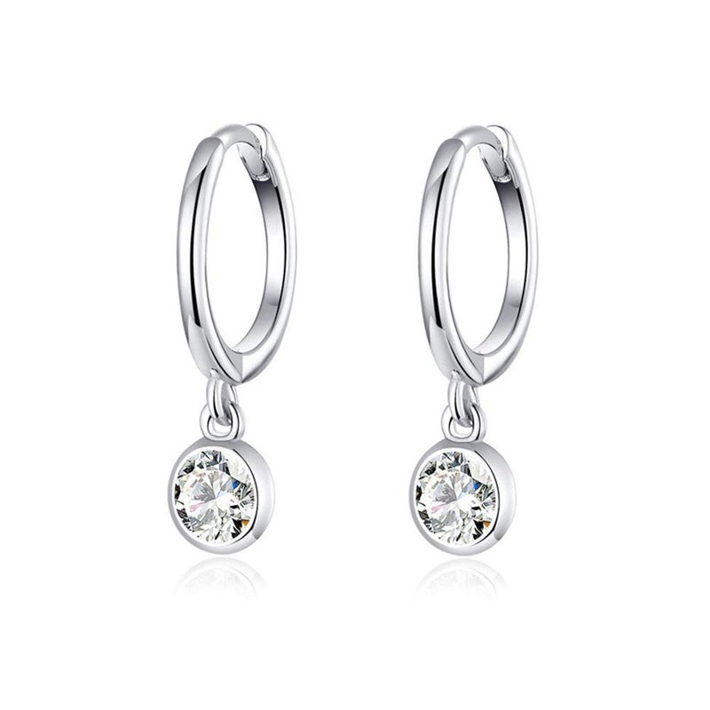 Dtja CZ Bezel Dangle Hoop Earrings for Women Girls 925 Sterling Silver Charms Minimalist Tiny Round Cubic Zirconia Drop Dangling Cartilage Helix Tragus Diamond Solicate Hypoallergenic Jewelry (Silver-Toned) - Image 1